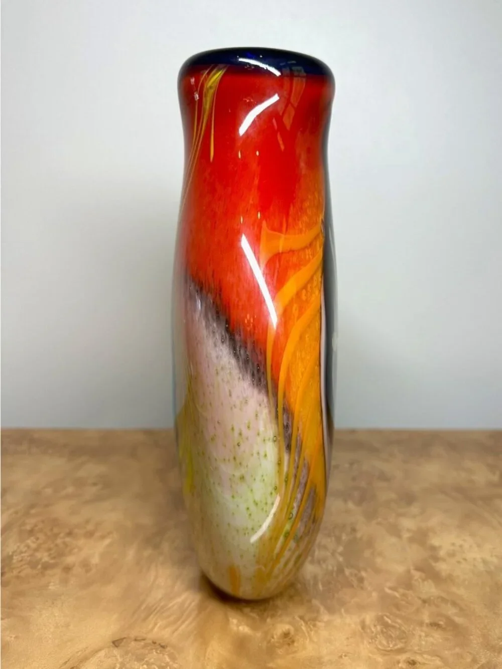 Large Hand Blown Studio Art Glass Vase Sculptural Vessel Red Blue Yellow Black
